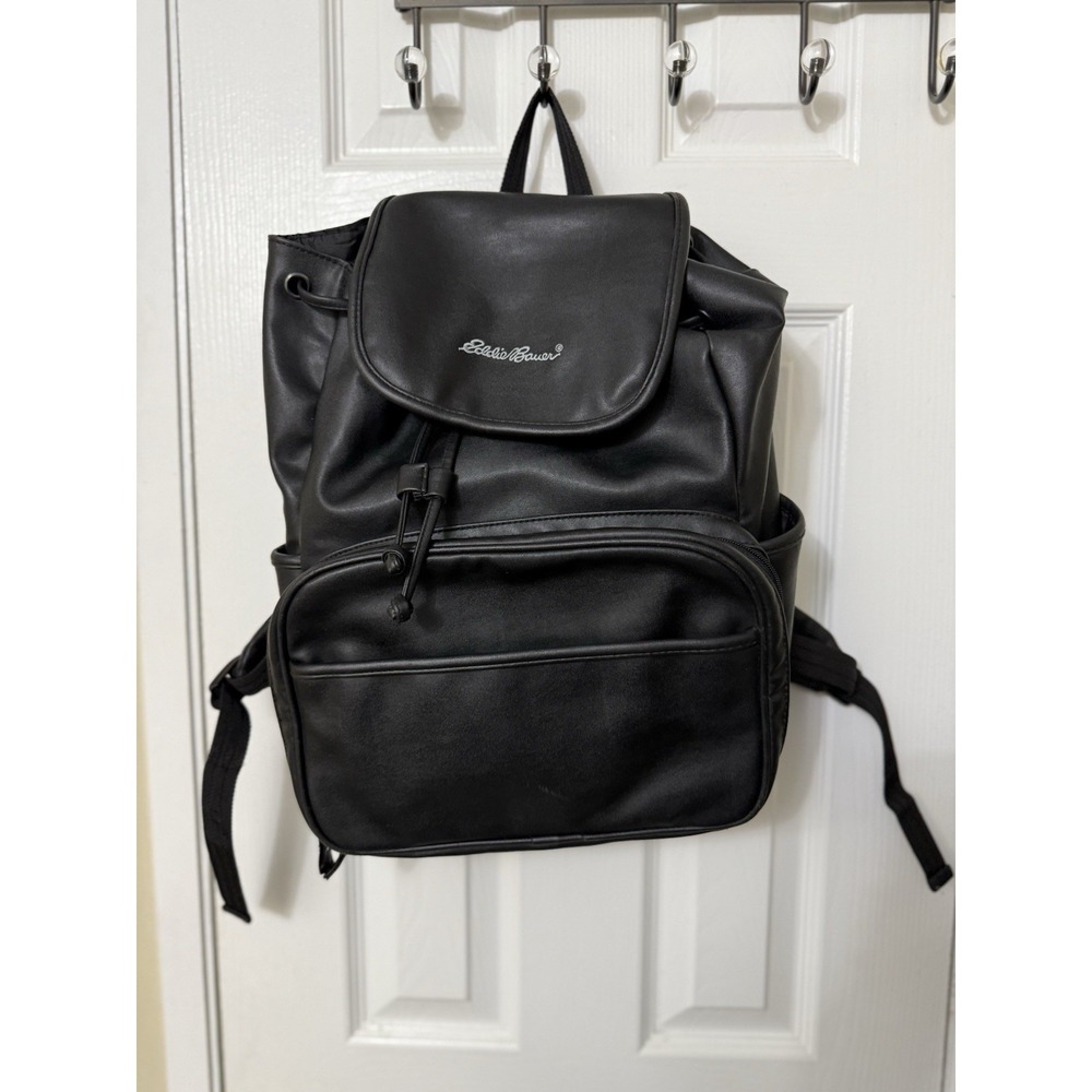 VINTAGE Eddie Bauer Black Faux Leather Expand Adjust Large Backpack